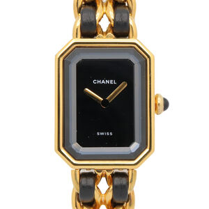 Chanel CHANEL Première L Watch, Gold Plated (GP), Leather Strap, Women's, Bla...